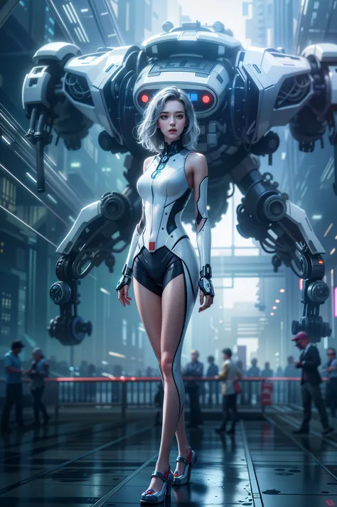 1girl, bridge, building, city, clock, gears, gun, long_hair, mecha, realistic, robot, scenery, science_fiction, solo, tower, (best quality:1.4), ((masterpiece)),((realistic)), (detailed),(photorealistic:1.4),