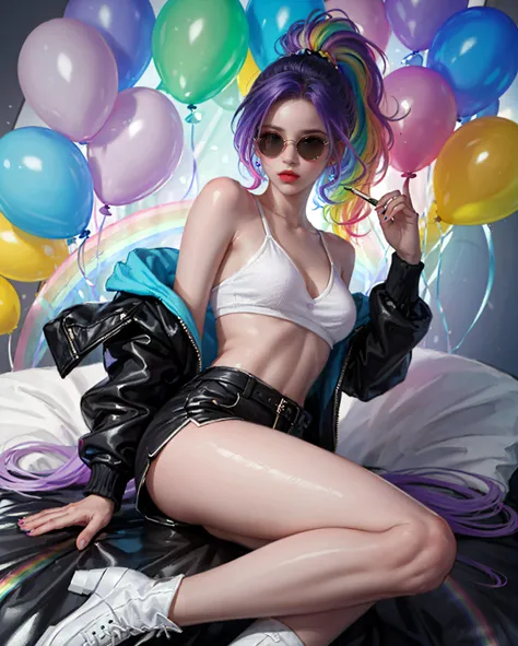 masterpiece, best quality,
1 girl, pretty and cute, (rainbow color Highlight Hair,colorful hair:1.4), wearing blue and purple sunglasses, yellow jacket with white pattern, white sweater, many colored balloons, doll face, ponytail braid, perfect detail eyes, delicate face, perfect cg, HD quality, colored balloons, sky ,black boots