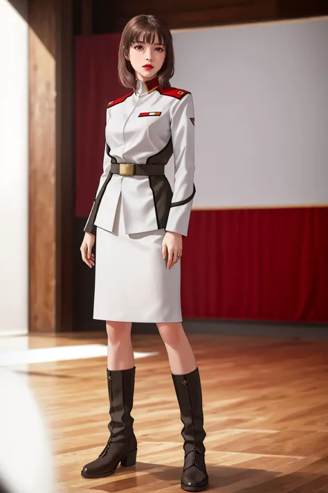 8k,highres,absurdres,masterpiece,best quality,original,extremely detailed CG,extremely detailed wallpaper,perfect lighting,<lyco:GoodHands-beta2:1>,
1girl,solo,blurry_background,looking_at_viewer,standing on the stage,
<lora:Murrue_Ramius_Seed-KK77-V1:0.6>,military,military uniform,long sleeves,white and black outfit,brown eyes,Brown hair,bangs,Long hair,makeup,red lips,