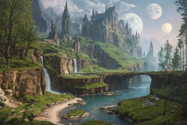 Abstract landscape painting with colored sky background, multiple moons in the sky, nature, (dreamscape:1.3), reflections, (fantasy:1.5),fantastic plants, (high fantasy:1.5), river, fantastic plants, flying islands, waterfalls,
(masterpiece:1.3), (ultra_quality:1.3), (best quality:1.3), (high res:1.3), ((8k, 4k):1.3), ultrarealism, UHD, high Detail RAW color photo, RAW color photo, extreme realistic detail, real picture, hyper realistic, award winning photo, lifelike, photorealism, 8k, ultra high res, hyperdetailed, highly detailed RAW color photo, digital photography