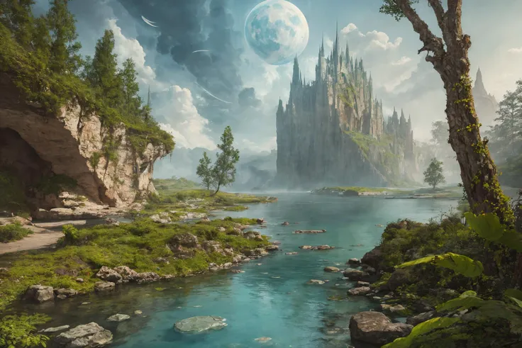 Abstract landscape painting with colored sky background, multiple moons in the sky, nature, (dreamscape:1.3), reflections, (fantasy:1.5),fantastic plants, (high fantasy:1.5), river, fantastic plants, flying islands, waterfalls,
(masterpiece:1.3), (ultra_quality:1.3), (best quality:1.3), (high res:1.3), ((8k, 4k):1.3), ultrarealism, UHD, high Detail RAW color photo, RAW color photo, extreme realistic detail, real picture, hyper realistic, award winning photo, lifelike, photorealism, 8k, ultra high res, hyperdetailed, highly detailed RAW color photo, digital photography