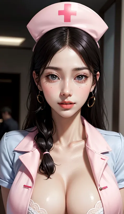 delicate, masterpiece, beautiful detailed, colourful, finely detailed, intricate details,detailed lips,elegance,pornography,(1 girl:1.1),solo, (a beautiful 30 age years old sexy Korean girl:1.2), instagram, (kpop idol, korean mixed), (black hair+tied up:1.3), (50mm Sigma f/1.4 ZEISS lens, F1.4, 1/800s, ISO 100, photograpy:1.1), (large breast:1.1), (photorealistic:0.8),hospital, sunshine,standing,(sexy nurse, nurse cap :1.2),happy smile,earrings,