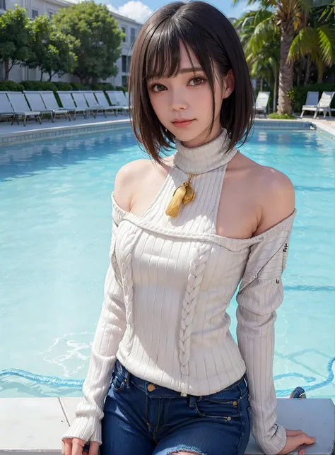 best quality, photorealistic, 8k, high res, 1girl, woman, (skindentation), (portrait:0.6), gorgeous, ((poolsidebackground:1.65)), ((jeans, highneck-sweater:1.75)), straight-looking at viewer:1.8, (1girl eyes looking at viewer, short-length straighthair, black hair, partedbangs:1.65), photorealistic, (bokeh), (smile:1.1), (closed mouth:1.66), gorgeous, pureerosface_v1, <lora:AVID-remu:0.65>