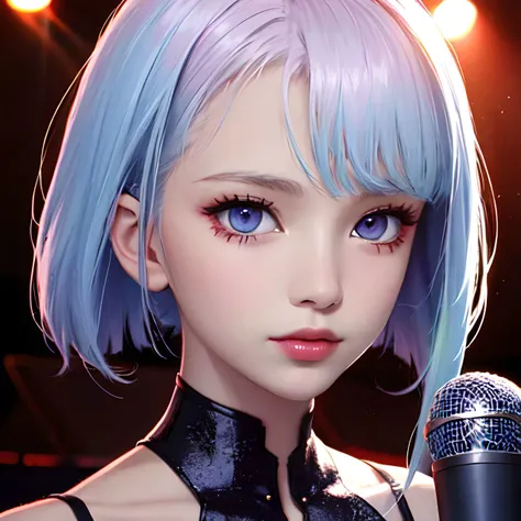 lucy \(cyberpunk\), (( <lora:lucyCyberpunk_35Epochs:0.6>)), 1girl, asymmetrical hair, ultra detailed 8k cg, on stage, stage lights, spotlight, holding microphone, (portrait)