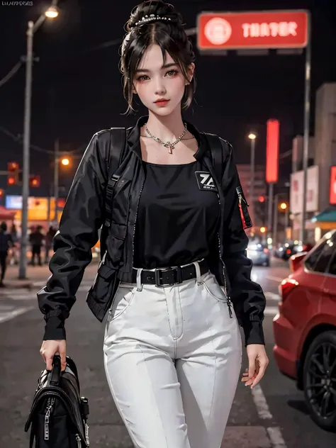 (masterpiece,best quality:1.3),(ultra detailed,ultra high res,RAW,HDR,)(photorealistic:1.2)
1girl,looking at viewer,(lens 135mm,f1.8),
teenager, wearing black techwear jacket and orange trousers with buckle and tape, (crystal necklace), posing for a picture, (red braided bun), long legs, carrying a white backpack, 
perfect breasts,perfect hips,skiny and thin,light lipstick,lustrous skin,glossy skin,fit body,
Detailed skin texture,detailed beautiful face,exquisitely detailed skin,detailed cloth texture,detailed hair,
in the cyberpunk city,building,night,neon,
<lora:liYitongCN_v10:0.3> <lora:GirlfriendMix_v1:0.3> <lora:urbansamurai_v0.3:0.5>