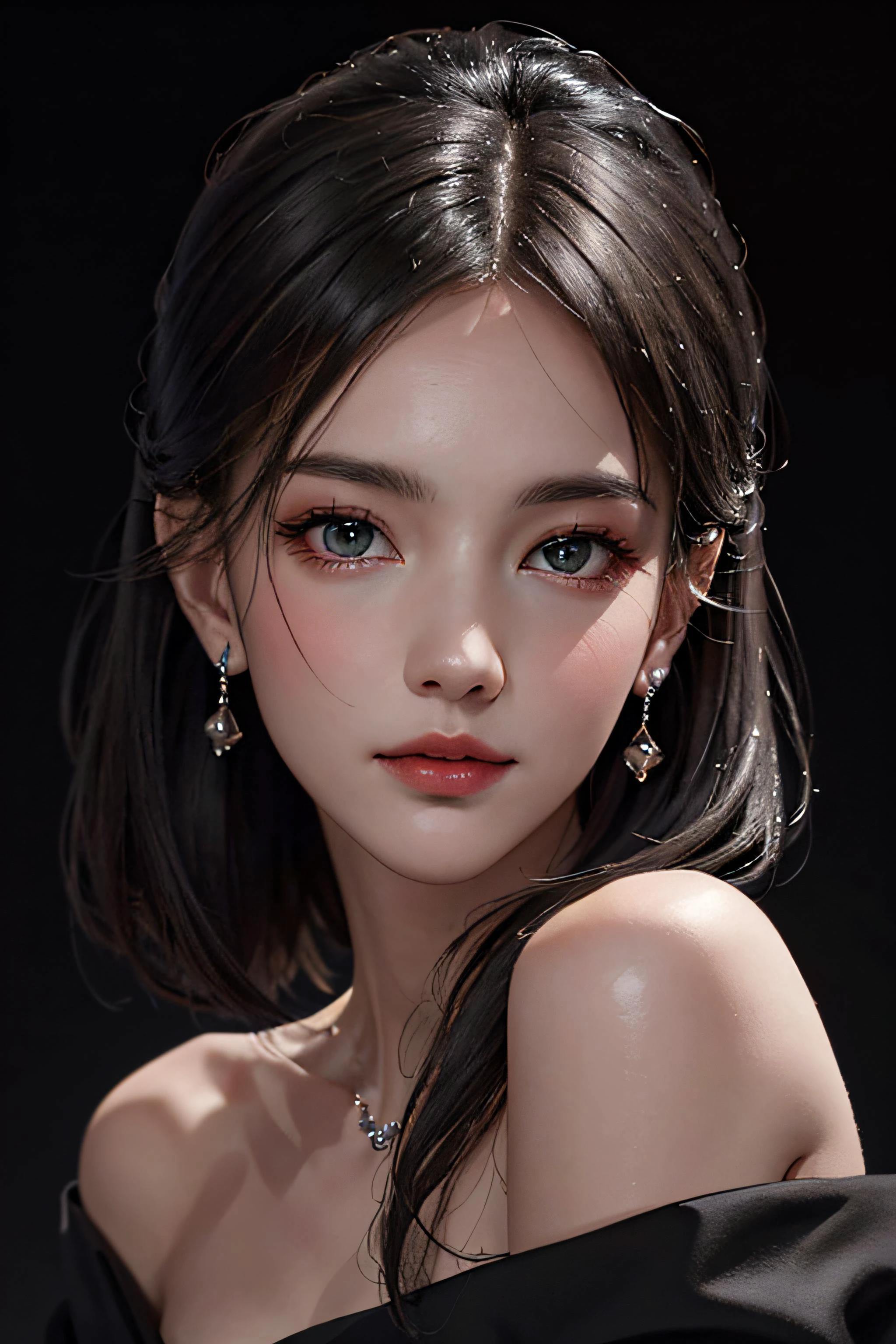 (masterpiece:1.2), (best quality), (ultra detailed), (8k,intricate), (lens 135mm,f1.8),(photorealistic)(black background:1.3),
portrait photography,(upper body:1.3),(off-shoulder),
side lighting,Rim lighting,best shadow,face light source,
perfect anatomy, perfect face,perfect female body,first-rate female bodies,
Detailed skin texture, detailed cloth texture, detailed beautiful face,exquisitely detailed skin,highly detailed skin,pale skin,detailed hair,glistening skin,
<lora:GirlfriendMix_v1:0.4> <lora:liYitongCN_v10:0.4>