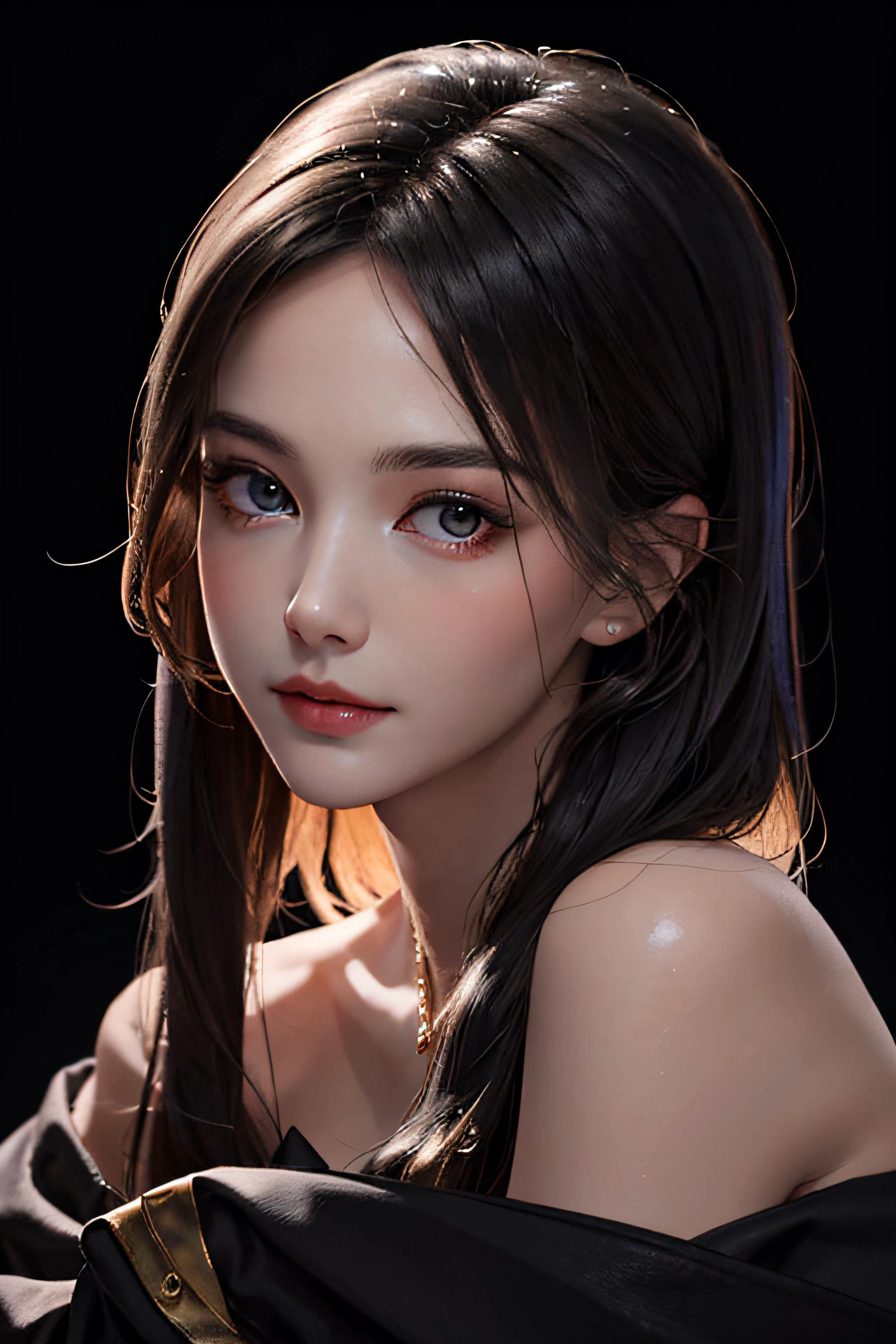 (masterpiece:1.2), (best quality), (ultra detailed), (8k,intricate), (lens 135mm,f1.8),(photorealistic)(black background:1.3),
portrait photography,(upper body:1.3),(off-shoulder),
side lighting,Rim lighting,best shadow,face light source,
perfect anatomy, perfect face,perfect female body,first-rate female bodies,
Detailed skin texture, detailed cloth texture, detailed beautiful face,exquisitely detailed skin,highly detailed skin,pale skin,detailed hair,glistening skin,
<lora:GirlfriendMix_v1:0.4> <lora:liYitongCN_v10:0.4>