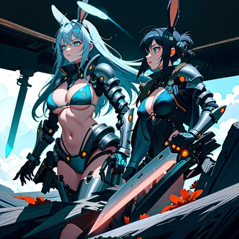 1girl, large breasts, night sky, (bikini armor, glowing sword:1.4), (best quality, masterpiece:1.5), detailed, bright colors, playground, BREAK <lora:BunnyTech:1> bunnytech, fantasy, blue hair <lyco:GoodHands-beta2:1.0>