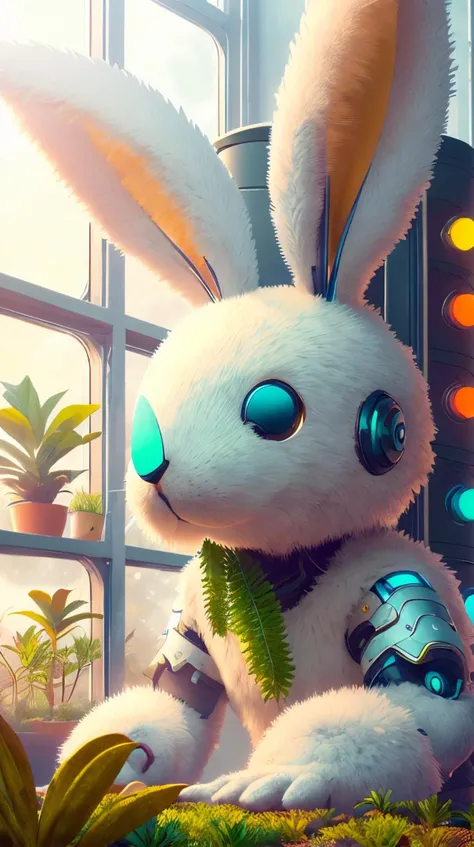 bunnytech character focus, portrait, solo, (full body:0.6), looking up, detailed background, detailed face, (<lyco:PunkBundleAI:0.4>, teslapunkai, retro-futuristic theme:1.1), focusing, botanical scientist, planters, roots, mandrake, greenery, magical plants, colorful plants, glowing plants, greenhouse effect, floating plants, magic, (Style-SwampMagic:0.4), green energy, green color scheme, wild growth, seeds, science, greenhouse in background, backlighting, magical atmosphere, fluffy scifi <lora:BunnyTech-20:1>