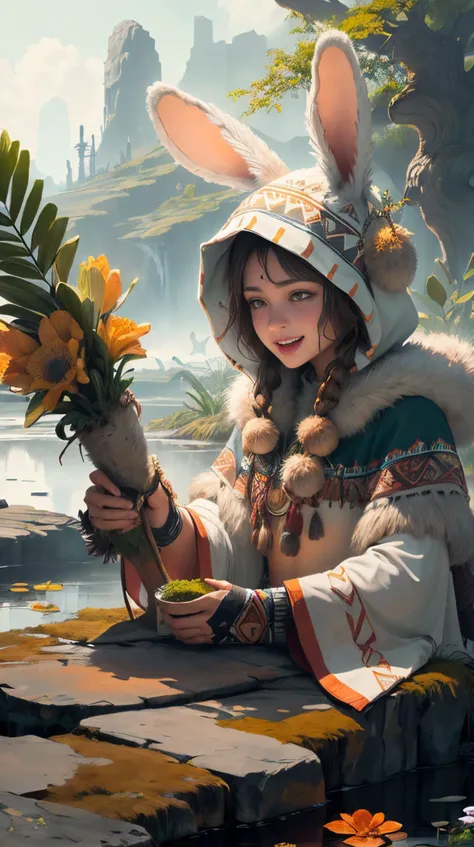bunnytech focus on character portrait, solo, upper body, looking down, detailed background, detailed face, (tribal aztec theme:1.1), joyful expression, druid, wearing natural colored brown clothes, hood, leather, druid staff, sitting, restoration spell, sigils, glowing orbs, nature magic, floating particles, moss, roots, stone, lilies, plants, bushes, dusk, backlighting, pond in background, natural peaceful atmosphere, earth tones, fluffy scifi <lora:BunnyTech-20:1>