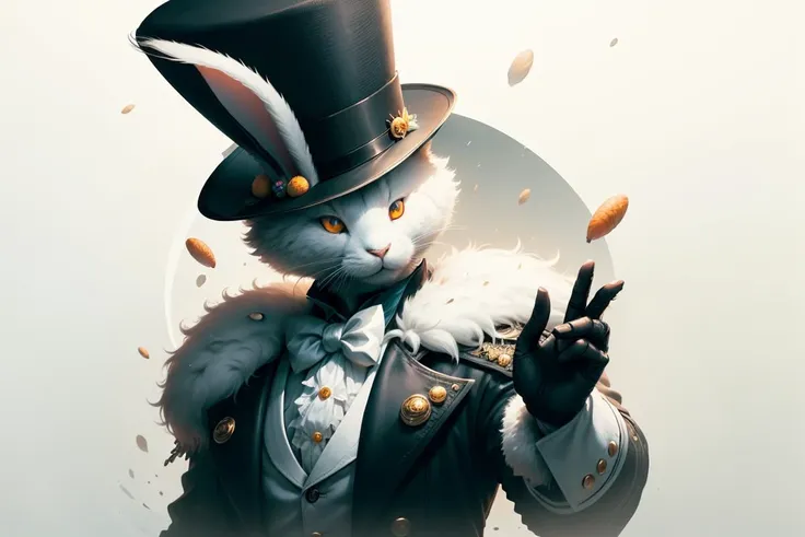 masterpiece, (Trick), top hat, magician,  <lora:BunnyTech-20:0.85> bunnytech,  fluffy, scifi, white