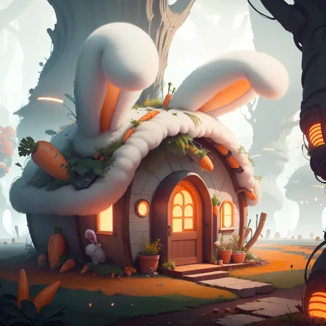 <lora:BunnyTech-20:1>,bunnytech ,   fluffy ,  carrots, scifi, 
small hut in the forest