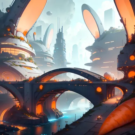 <lora:BunnyTech-20:1>,bunnytech , fluffy , carrots, scifi,
city, bridge, river