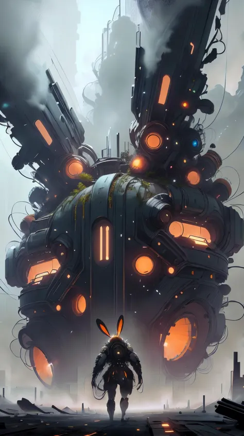 bunnytech solo, (full body:0.6), looking down, detailed background, detailed face, (<lora:AbyssalTech:0.7>, dark energy, ethereal, dissolving, see-through, abyss, abyssaltech theme:1.1), rust-champion, rusty armor, (rusty:1.05), brown rust, grungy, made of rust, stoic expression, dynamic pose, abandoned junkyard in background, low light, dark clouds, cinematic atmosphere, fluffy scifi <lora:BunnyTech-20:1>
