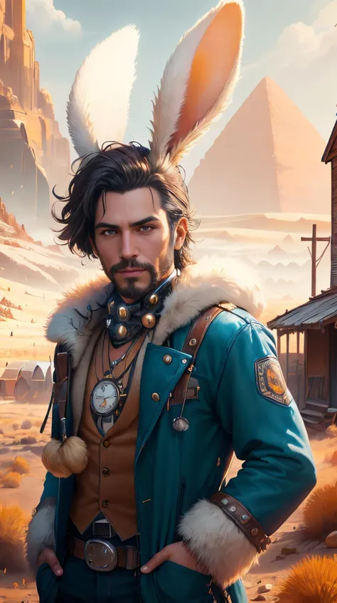 bunnytech looking at viewer, focus on character, solo, half shot, detailed face, (<lora:Cyber_Egypt:0.6>, Cyber_Egypt theme:1.1), renegade, pocket-watch, coat, bolo tie, dynamic movement, grinning, 19th century wild west, american frontier, wild west era campsite in background, tumbleweed, high noon, cinematic atmosphere, arid, fluffy scifi <lora:BunnyTech-20:1>