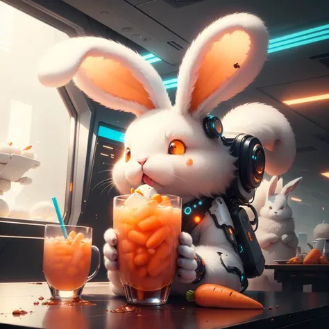 cyborg <lora:extremely_detailed:4> extremely detailed full body portrait painting of bunny drinking jelly tonic, very detailed eyes, faint smile, extremely detailed face, cinematic lighting, post processed, concept art, artstation, matte painting, disintegreeze, masterpiece, photorealistic