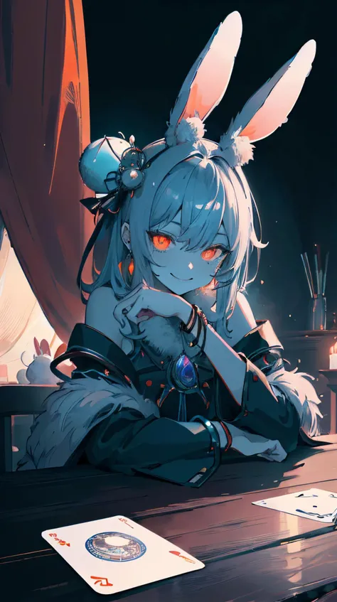 bunnytech portrait, looking at viewer, solo, (full body:0.6), detailed background, close up, glowing eyes, (sinister dark fantasy theme:1.1), fortune teller, charlatan, sinister smile, foreboding, sitting at table, colorful shoulderless baggy  fortune teller clothes,  large earrings, large bracelet,   chalice,  deck of cards, tarot cards, crystal ball,  medieval (tent interior:1.1) background, tent curtains in background, dark mysterious lighting, shadows, magical atmosphere,  fluffy scifi <lora:BunnyTech-20:1>