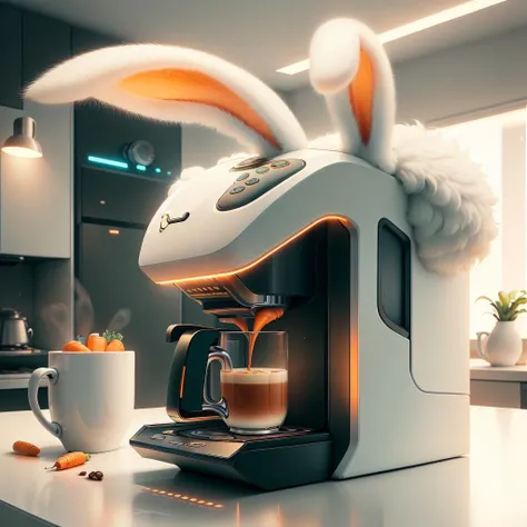 <lora:BunnyTech-20:1>,bunnytech , fluffy , carrots, scifi,
coffee machine , mug,