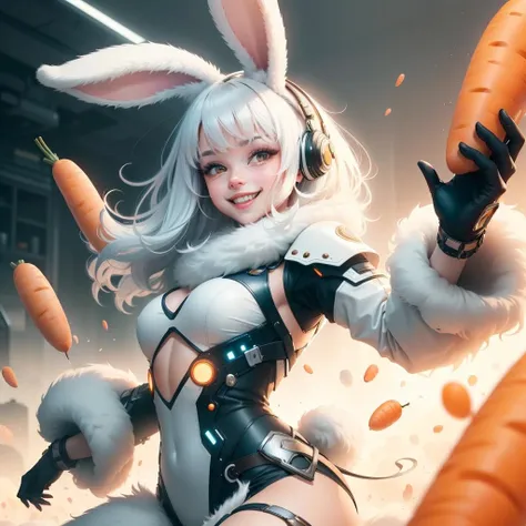 <lora:BunnyTech-20:0.8>,bunnytech , fluffy , 1girl, white hair, carrots,
solo, smiling, looking at viewer, cowboy shot, cinematic composition, dynamic pose, jumping,