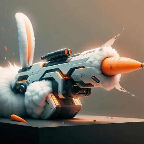 <lora:BunnyTech-20:1>,bunnytech , fluffy , scifi, carrots,
rifle on a table, (simple background:1.3),rocket launcher,