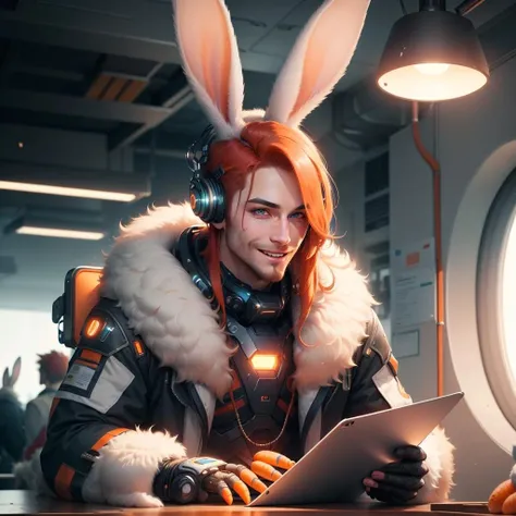 <lora:BunnyTech-20:0.8>,bunnytech , fluffy , carrots, scifi,
scholar , scroll, 1boy,long hair, red hair, glowing eyes, smile ,closed mouth,manly,