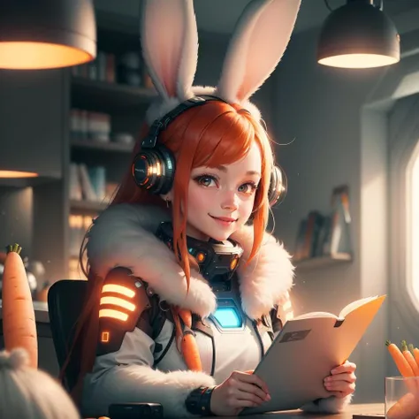<lora:BunnyTech-20:0.8>,bunnytech , fluffy , carrots, scifi,
scholar , scroll, 1girl,long hair, red hair, glowing eyes, smile ,closed mouth,