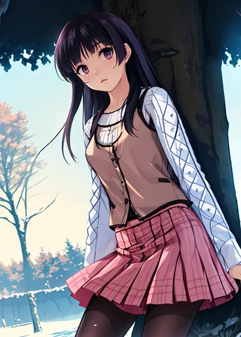 <lora:HabaneKotori:0.9>, 1girl, solo, (((habane kotori))), (((shy))), (standing:1.5), ((purple eyes)), (((kotoriwinter))), (((beige vest, white sweater, long sleeves, pink skirt, pantyhose, black pantyhose, plaid skirt))), (outdoors, winter, tree:1.4), (eye contact, looking at viewer:1.4), ((small breasts)),  high quality, ultra high res, (volumetric light, ray tracing), (extremely detailed CG unity 8k wallpaper), (best quality:0.8), (soothing tones, calm colors, muted colors:1.5), (intricate details:0.9)