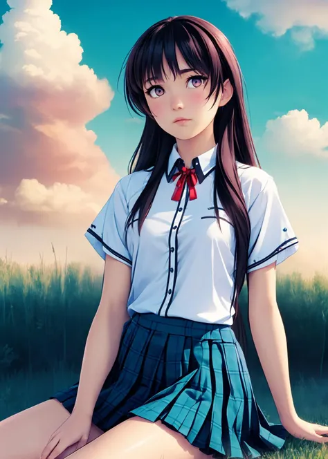 <lora:HabaneKotoriV2:0.8>, (((habane kotori))), (shy, blush:1.4), (sitting:1.4), 1girl, solo, full body, long hair, looking at viewer, blush, ((purple eyes)), (((kotoriuniform))), (((skirt, shirt, red ribbon, school uniform, white shirt, short sleeves, pleated skirt, blue skirt, plaid, plaid skirt))), (outdoors, clouds, blue sky, grass:1.4), (eye contact, looking at viewer:1.2), ((small breasts)), high quality, ultra high res, volumetric light, ray tracing, (extremely detailed CG unity 8k wallpaper), (best quality:0.8), (soothing tones, calm colors, muted colors:1.5), (intricate details:0.9)