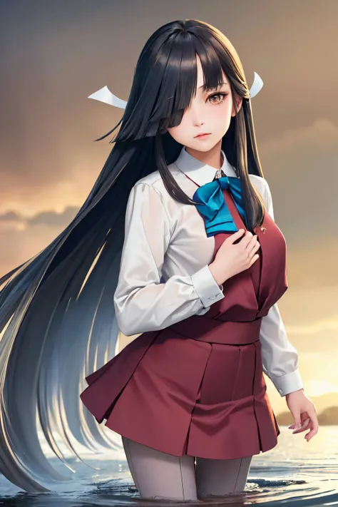 (masterpiece, best quality:1.2), <lyco:kancolle_hayashimo-10:1.0>, cowboy shot, solo, 1girl, hayashimo, expressionless, closed mouth, looking at viewer, hand on hip, wading, hair over one eye, hair ribbon, school uniform, white shirt, bowtie, long sleeves, grey pantyhose