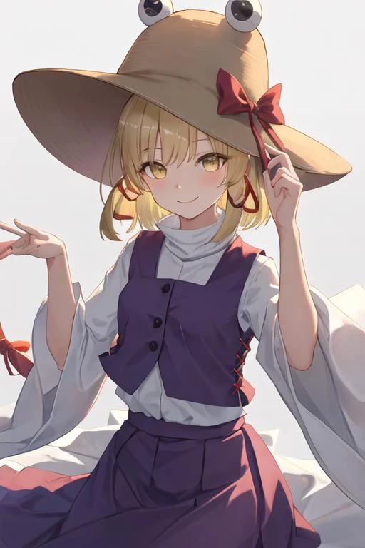 best quality, masterpiece, highres, solo, {moriya_suwako_touhou:1.15}, blonde_hair, hat, ribbon, hair_ribbon, vest, smile, yellow_eyes, bangs, red_ribbon, brown_headwear, purple_vest, sidelocks, short_hair, 1girl, looking_at_viewer, wide_sleeves, giant breasts, cleavage, white panties