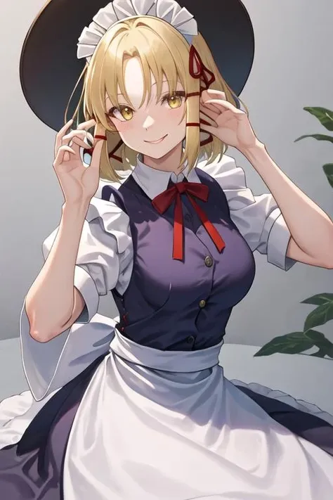 1girl, solo, breasts, looking at viewer, blush, short hair, red eyes, hair ornament, dress, ribbon, medium breasts, yellow hair, hair ribbon, outdoors, detached sleeves, sky, day, hair over one eye, apron, blue sky, maid, maid headdress, x hair ornament, pink ribbon
