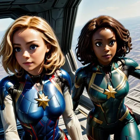 (Wide angle shot:1.9), Kodak Motion Picture Film Style, long shot, Ultra realistic, (2 women, Captain Marvel and (Monica Rambeau:1.3):1.3), <lora:Futuristic_princesses_SDXL:1>