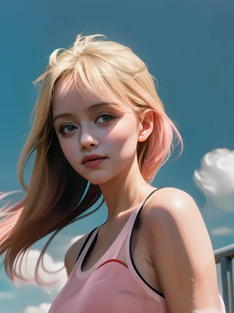 close up of an exited gloriaguida-t8-75000 with her back to the camera looking at the camera in a light pink sheer nylon tank top with straps in front of a sky with clouds