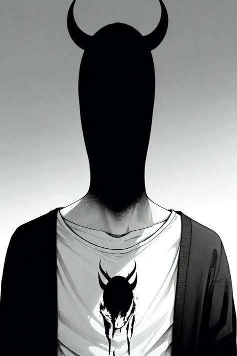punpun, 1boy, monochrome, greyscale, shirt, solo, horns, horror (theme) <lora:punpun:0.55>
