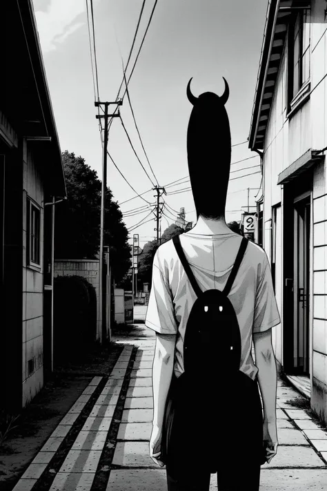(dark theme:0.6), (anime), (illustration), cartoon, detailed, punpun, 1boy, monochrome, greyscale, shirt, solo, horns, horror (theme) <lora:punpun:0.55>
river, street, school uniform, low twintail, from back, (hdr:1.22), muted colors, complex background, hyperdetailed, art [[by jordan grimmer]]