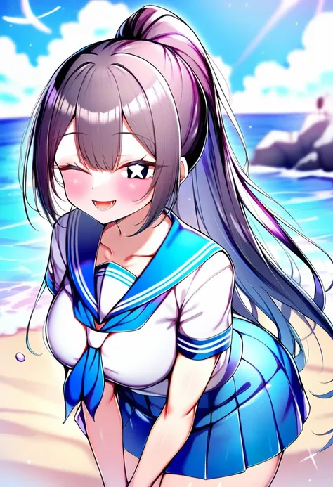 1girl,adult,masterpiece,ayaya ri,luse maonang,asura \(asurauser\),takamichi,gmkj,asura \(asurauser\),kupa \(jesterwii\),cute style, aesthetic style, 2girls, beach, black eyes, black hair, neckerchief, blue sailor collar, blue skirt, closed eyes, long hair, looking at viewer, ocean, outdoors, outstretched arms, ponytail, school uniform, serafuku, short sleeves, sky, smile, white sailor collar, white shirt