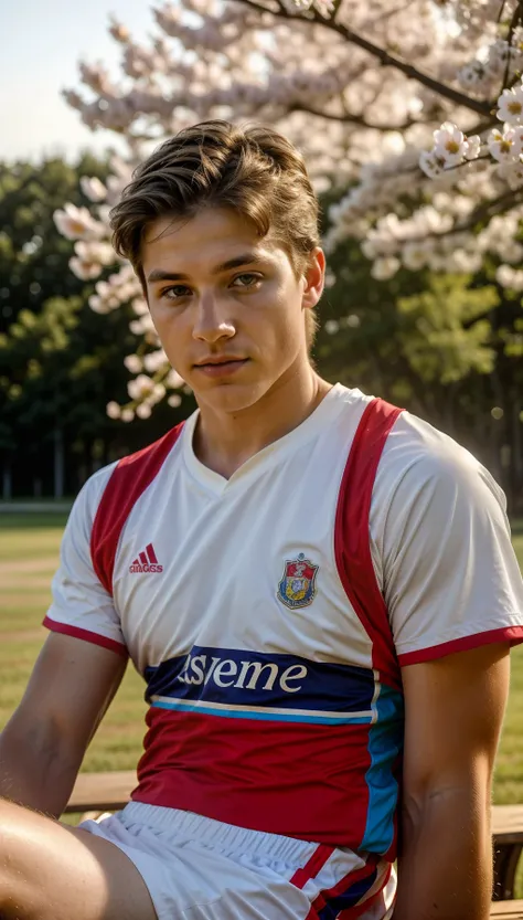 A 35mm film photo of Joshua Hebert, a Cajun, in sports outfit, sitting on a bench in a scenic field in spring, he has realistic glossy eyes, styled hair, the scene has a warm glow from the early evening illuminating the details of his attractive figure. (faded image:1.1) SLR soft focus, realistic lighting effects