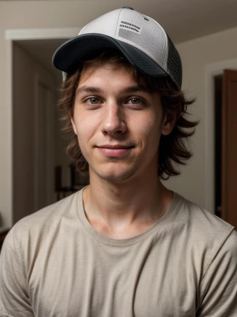 an amateur selfie style photograph, subtle smile, Mike Fruge from New York, posing, the image has a low contrast value and dull coloration, of a twenty-four-year-old male, HDR, realistic, college apartment, cute short shaggy hair with a trucker cap, detailed realistic face and hair, subsurface scattering, realistic lighting and shadows, realistic skin texture, ((focus on true-to-life realism)), symmetrical pupils