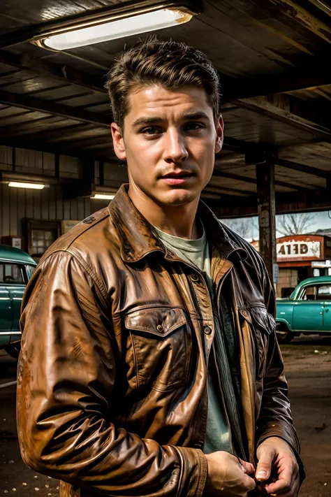 (a male, masculine), detailed face, photo of the most beautiful artwork in the world, professional majestic oil painting, Intricate, photorealistic painting art, ((posing in a rustic rundown gas station in the 50's)), (detailed face), (trimmed short hair), (dark atmosphere)