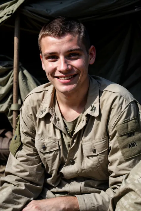 a relaxed, content, cute soldier, smiling, masculine male, crew cut hair, rugged, Army fatigues, bare chest, sitting sitting in a run down cluttered Army camp, sweaty, filthy, dark atmosphere, realistic