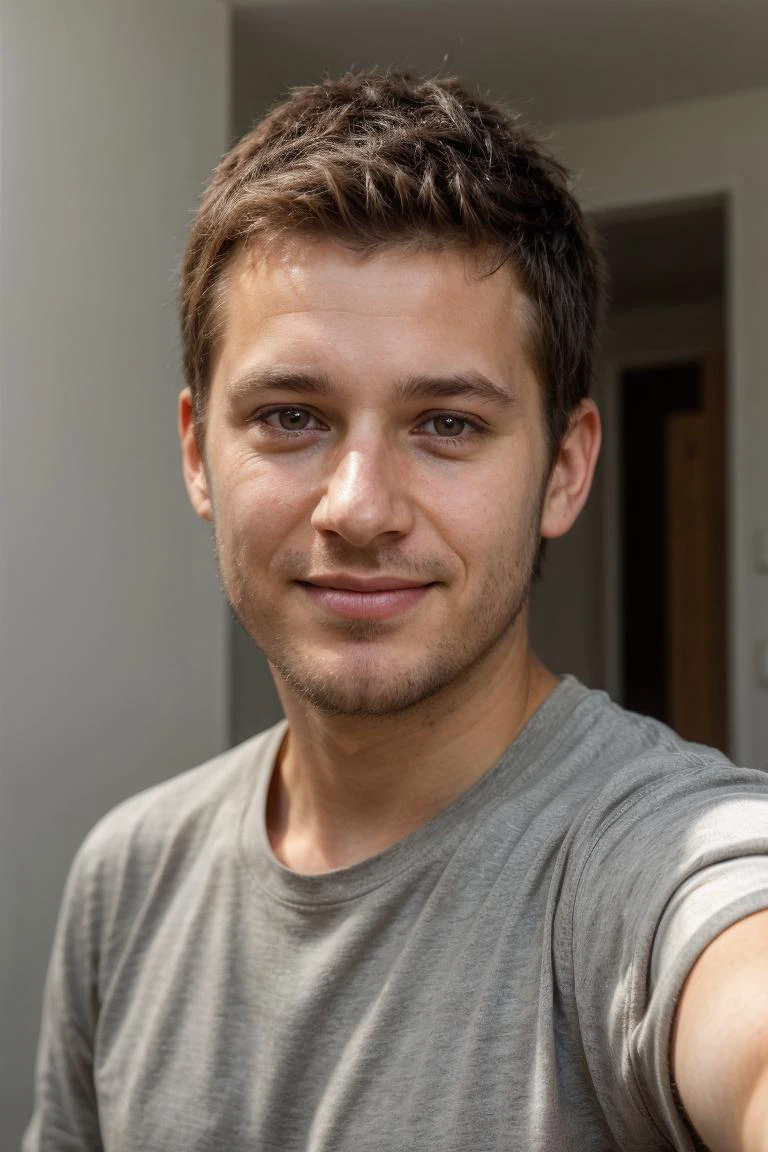 an amateur selfie style photograph, subtle smile, from Louisiana, posing, the image has a low contrast value and dull coloration, of a 35yo male, HDR, realistic, college apartment, cute neat hair with, detailed realistic face and hair, subsurface scattering, realistic lighting and shadows, realistic skin texture, ((focus on true-to-life realism)), symmetrical pupils
