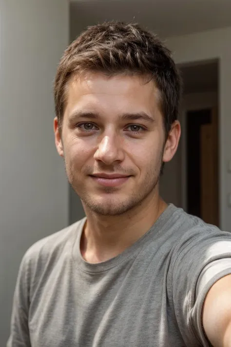 an amateur selfie style photograph, subtle smile,  from Louisiana,  posing, the image has a low contrast value and dull coloration, of a 35yo male, HDR, realistic, college apartment, cute neat hair with, detailed realistic face and hair, subsurface scattering, realistic lighting and shadows, realistic skin texture, ((focus on true-to-life realism)), symmetrical pupils