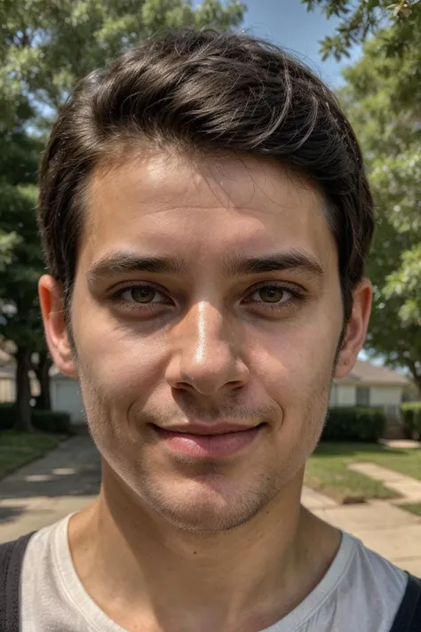 an amateur selfie style photograph, subtle smile, Ben Simineaux from Louisiana, posing, the image has a low contrast value and dull coloration, unique eye shape, of a 35yo male, HDR, realistic, cute neat black hair with, detailed realistic face and hair, subsurface scattering, realistic lighting and shadows, realistic skin texture, ((focus on true-to-life realism)), symmetrical pupils, local surroundings