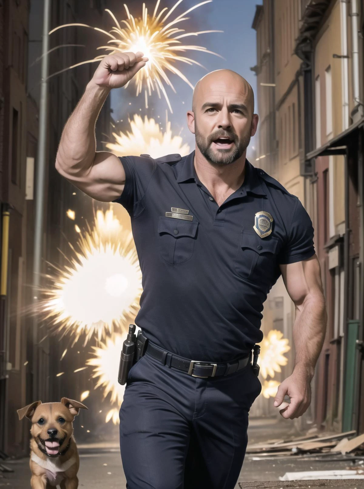 1man,cute,beautiful face,(portrait:1.2),Muscular,lean,
Short hair,Black hair,Full body,45 old man,Pectoral muscles,
Handsome,mature,stable,warm man,charming eyes,Hunter Biden,<lora:Chris Redfield:0.3>,<lora:Male Dolls:0.1>,<lora:REVChris:0.1>,Muscular,
facing the audience,frontal,Gentlemen,
<lora:0016:0.3>,<lora:Male ç·æ§ Lora:0.3>,
<lora:Male ç·æ§ Lora:0.3>,
(best quality:1.2), (masterpiece:1.2), 1men, 1dog, looking at viewer, bearded man, Irishman, screaming, angry, mouth open, bald, police uniform, police officer, (small terrier:1.2), (detailed dog:1.1), (dog in arms:1.2), (man holding dog:1.1), (explosion:1.4), (shock wave:1.1), debris, flying debris, jumping, back alley, street, (masterpiece:1.3), (hires, high resolution:1.3), subsurface scattering, realistic, heavy shadow, ultra realistic, high resolution, <lora:MoreDetails:0.5>
