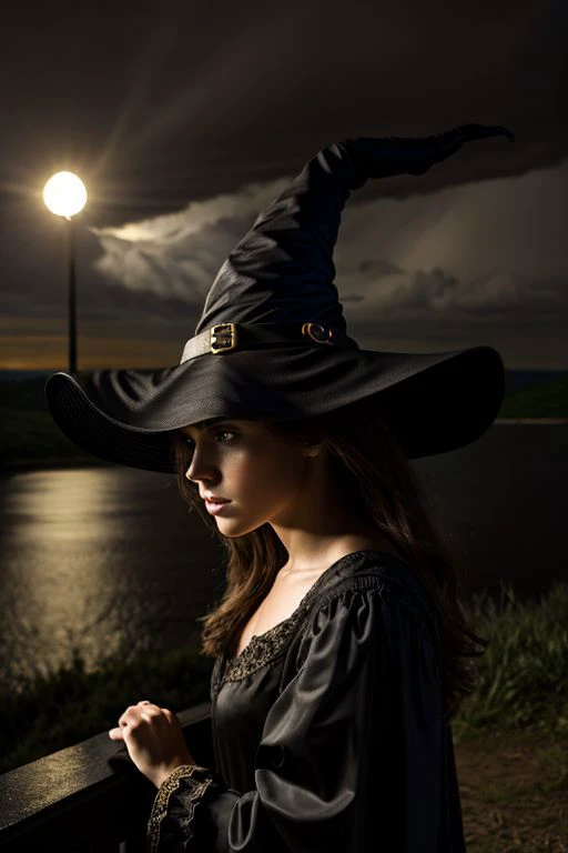 ((best quality)), masterpiece, (detailed), ((witch)), detailed night, long hat, stormy, contemplating,