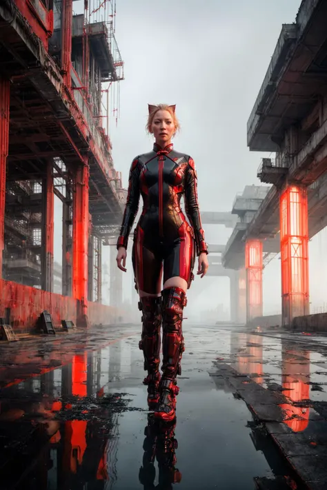 A woman wearing red white futuristic high-tech cheongsam, complex construction,
cat walking,
well lit industrial ruins, puddles, reflections,
reflections, fog, warm palette, wide focus,
[[Tilda Swinton | Jennifer Lawrence]:6],
style of Chris Cold