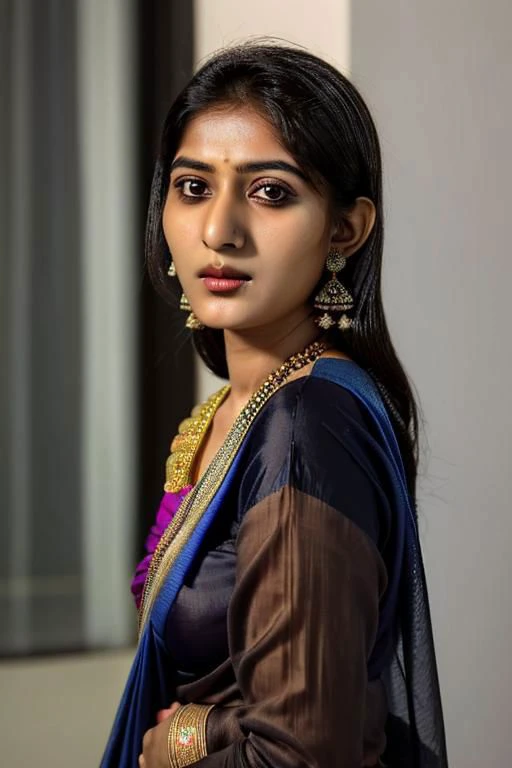 fair muslim girl wearing a silk saree with loose hair thin jaw small nose black eyes