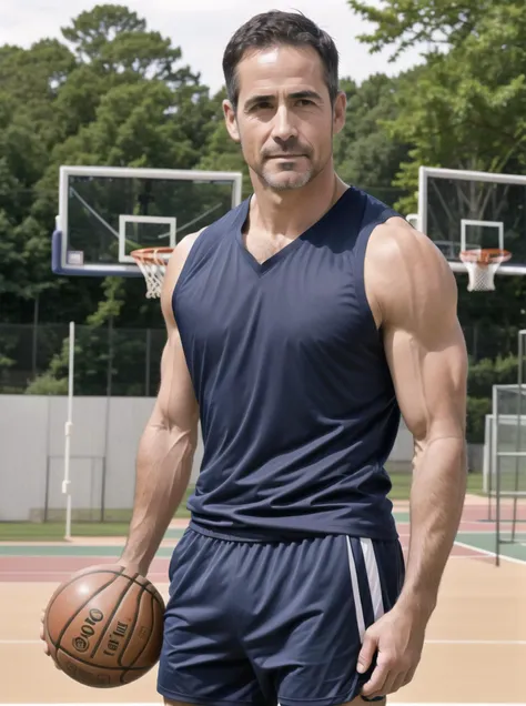 1man,cute,beautiful face,(portrait:1.2),Muscular,lean,
Short hair,Black hair,Full body,45 old man,Pectoral muscles,
Handsome,mature,stable,warm man,charming eyes,Hunter Biden,<lora:Chris Redfield:0.3>,<lora:Male Dolls:0.1>,<lora:REVChris:0.1>,Muscular,
facing the audience,frontal,Gentlemen,
<lora:0016:0.3>,<lora:Male ç·æ§ Lora:0.3>,
<lora:Male ç·æ§ Lora:0.3>,
basketballplayer,photo of a man playing basketball in a court,shirtless,shorts,dynamic movement,outdoors,sweaty,realistic,masterpiece,intricate details,detailed background,depth of field,