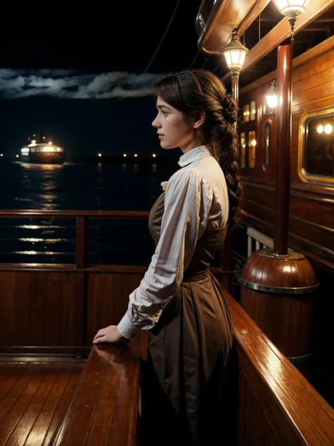 side view (analog style), A 18yo attractive female on in a steam boat for the first time. It is 1890, and she is a poor merchant. She nervously stands against the rails on the deck and stares at the waves trying to calm her nerves (cinematic lighting:1.2 atmospheric:1.2)