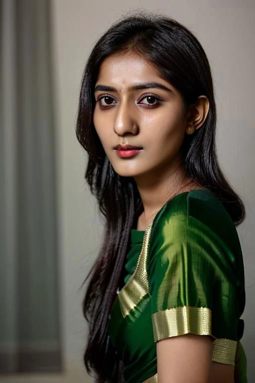 fair muslim girl wearing a green maxi dress with loose hair thin jaw small nose black eyes